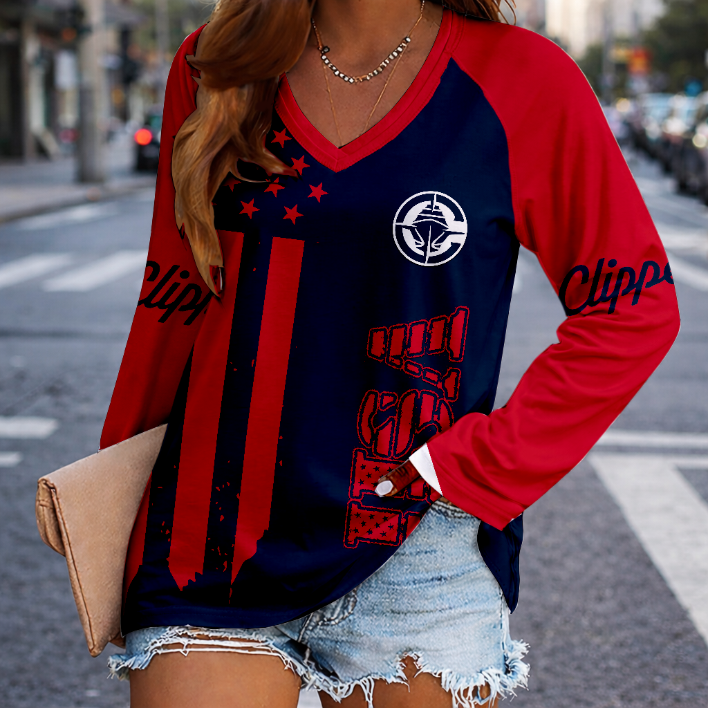 LIMITED EDITION - NEW CUSTOMIZED NBA10 LCL LOS ANGELES CLIPPERS WOMEN'S V-NECK LONG SLEEVED SHIRT