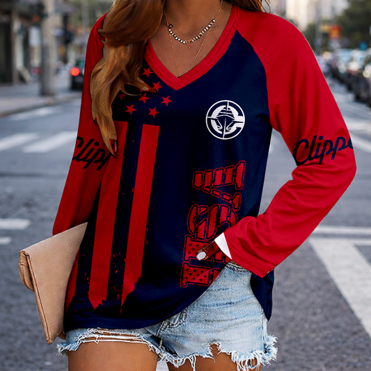 LIMITED EDITION - NEW CUSTOMIZED NBA10 LCL LOS ANGELES CLIPPERS WOMEN'S V-NECK LONG SLEEVED SHIRT