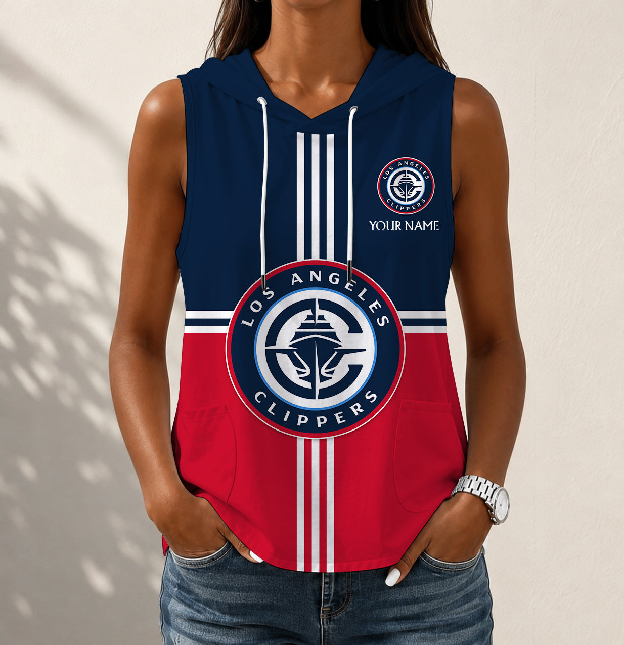 LIMITED EDITION - NEW CUSTOMIZED NBA10 LCL LOS ANGELES CLIPPERS WOMEN'S SLEEVELESS HOODED POCKET TANK TOP