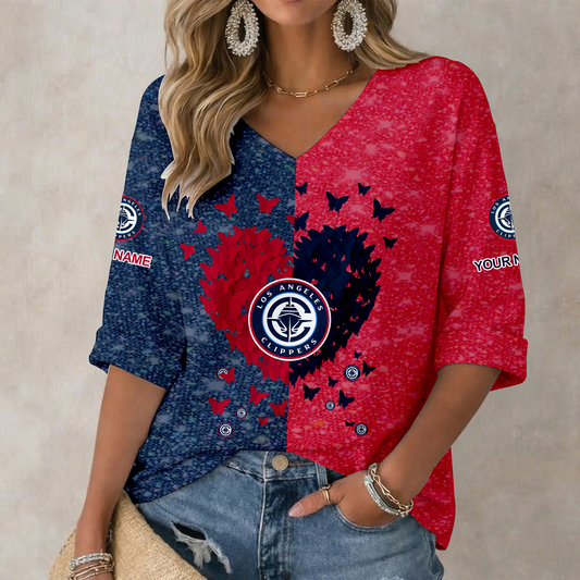 LIMITED EDITION - NEW CUSTOMIZED NBA10 LCL LOS ANGELES CLIPPERS WOMEN'S HEART V-NECK LONG SLEEVE SHIRT