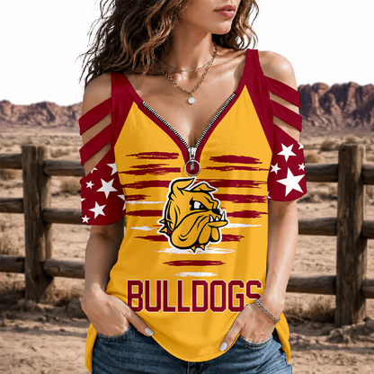 [FAN FAVORITE] NEW CUSTOMIZED NCAA MFF10 MDB MINNESOTA DULUTH BULLDOGS STRAPPY COLD-SHOULDER TOP