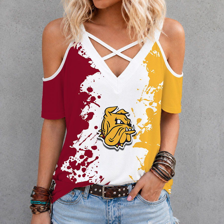 [FAN FAVORITE] NEW CUSTOMIZED NCAA MFF10 MDB MINNESOTA DULUTH BULLDOGS CRISS CROSS V-NECK TOP