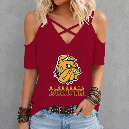 [FAN FAVORITE] NEW CUSTOMIZED NCAA MFF10 MDB MINNESOTA DULUTH BULLDOGS CRISS CROSS V-NECK TOP