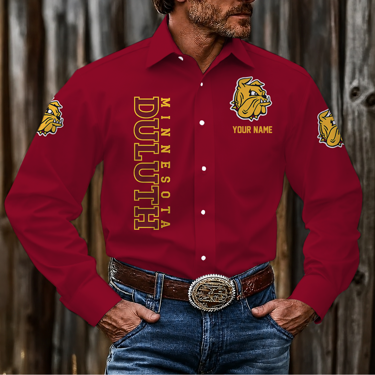 LIMITED EDITION - NEW CUSTOMIZED NCAA MFF10 MDB MINNESOTA DULUTH BULLDOGS MEN'S LONG SLEEVE BUTTON-UP SHIRT