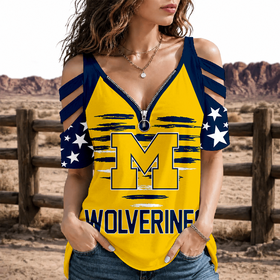 [FAN FAVORITE] NEW CUSTOMIZED NCAA CFH10 MIW MICHIGAN WOLVERINES STRAPPY COLD-SHOULDER TOP