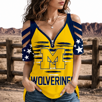 [FAN FAVORITE] NEW CUSTOMIZED NCAA CFH10 MIW MICHIGAN WOLVERINES STRAPPY COLD-SHOULDER TOP