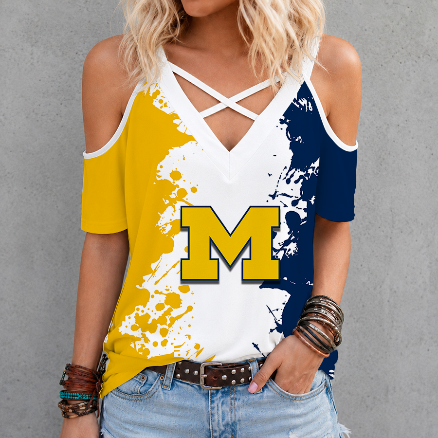 [FAN FAVORITE] NEW CUSTOMIZED NCAA CFH10 MIW MICHIGAN WOLVERINES CRISS CROSS V-NECK TOP
