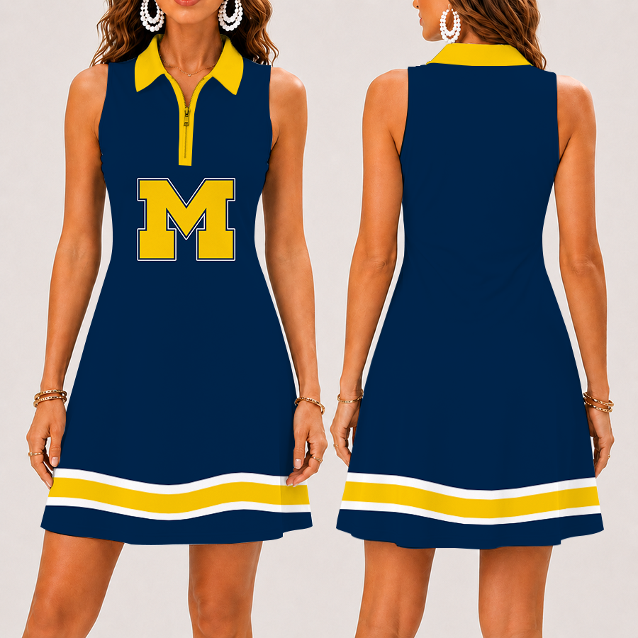 [FAN FAVORITE] NEW CUSTOMIZED NCAA CFH10 MIW MICHIGAN WOLVERINES WOMEN'S ZIP SLEEVELESS POLO DRESS