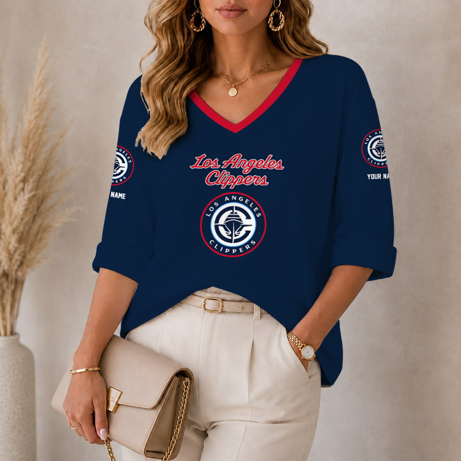 [HOT DEAL] NEW CUSTOMIZED NBA10 LCL LOS ANGELES CLIPPERS WOMEN'S HEART V-NECK LONG SLEEVE SHIRT