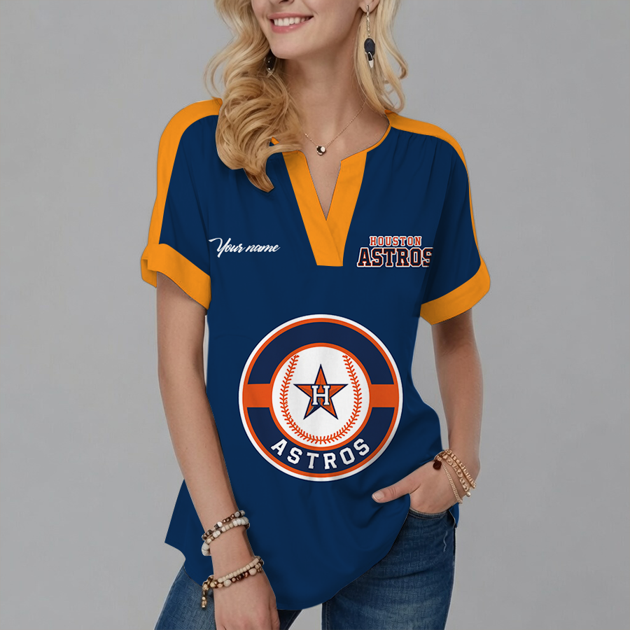 [FLASH SALE] NEW CUSTOMIZED MLB10 HAS HOUSTON ASTROS V-NECK FEMALE SHIRT