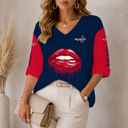 [SUPER SALE] NEW CUSTOMIZED NHL10 WCP WASHINGTON CAPITALS WOMEN'S HEART V-NECK LONG SLEEVE SHIRT