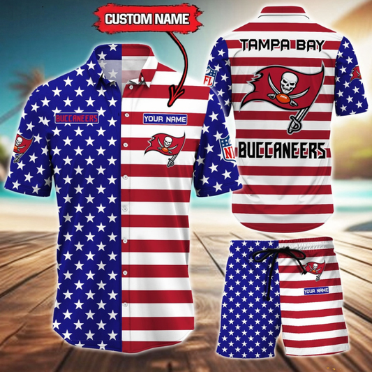 ELITE EDITION  - NEW CUSTOMIZED NFL10 TBB TAMPA BAY BUCCANEERS UNISEX INDEPENDENCE DAY HAWAIIAN SHIRT & SHORTS SET