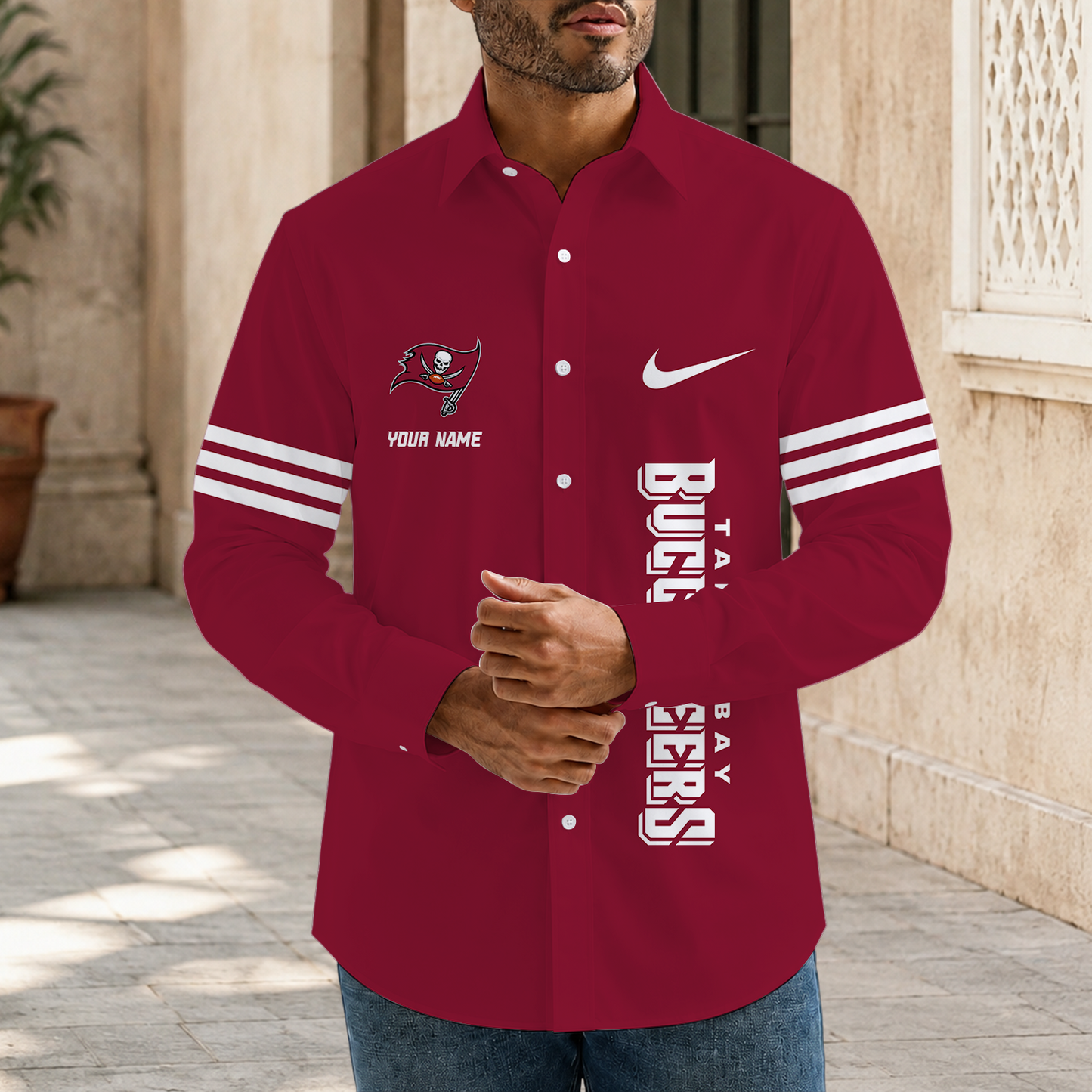 [SPECIAL OFFER] NEW CUSTOMIZED NFL10 TBB TAMPA BAY BUCCANEERS MEN'S LONG SLEEVE BUTTON-UP SHIRT