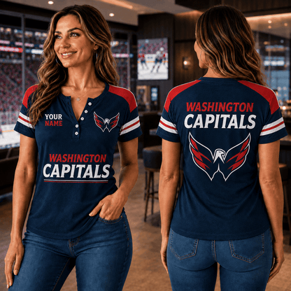SPECIAL EDITION - NEW CUSTOMIZED NHL10 WCP WASHINGTON CAPITALS WOMEN'S SHORT SLEEVE HENLEY T-SHIRT