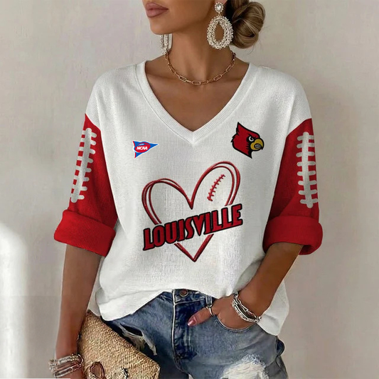ELITE EDITION - NEW CUSTOMIZED NCAA FBS10 ULC LOUISVILLE CARDINALS WOMEN'S HEART V-NECK LONG SLEEVE SHIRT