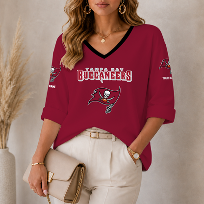 [SPECIAL OFFER] NEW CUSTOMIZED NFL10 TBB TAMPA BAY BUCCANEERS WOMEN'S HEART V-NECK LONG SLEEVE SHIRT