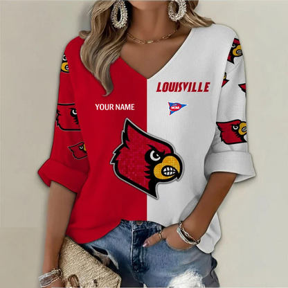 ELITE EDITION - NEW CUSTOMIZED NCAA FBS10 ULC LOUISVILLE CARDINALS WOMEN'S HEART V-NECK LONG SLEEVE SHIRT