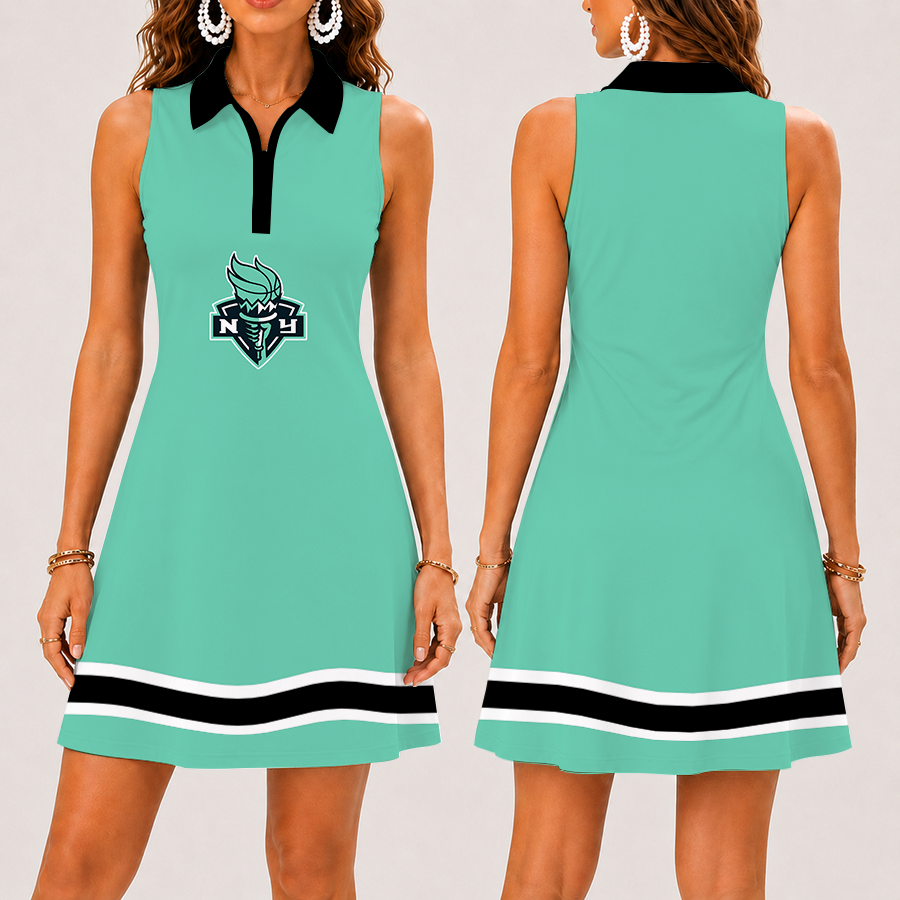 [FAN FAVORITE] NEW CUSTOMIZED WNBA10 NYL NEW YORK LIBERTY WOMEN'S ZIP SLEEVELESS POLO DRESS