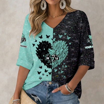 LIMITED EDITION - NEW CUSTOMIZED WNBA10 NYL NY LIBERTY  WOMEN'S HEART V-NECK LONG SLEEVE SHIRT