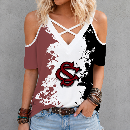 [FAN FAVORITE] NEW CUSTOMIZED NCAA CWS10 SCG SOUTH CAROLINA GAMECOCKS CRISS CROSS V-NECK TOP