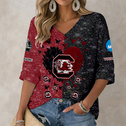LIMITED EDITION - NEW CUSTOMIZED NCAA CWS10 SCG SOUTH CAROLINA GAMECOCKS WOMEN'S HEART V-NECK LONG SLEEVE SHIRT