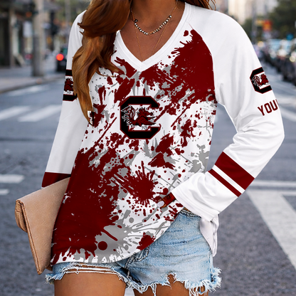 [FAN FAVORITE] NEW CUSTOMIZED NCAA CWS10 SCG SOUTH CAROLINA GAMECOCKS WOMEN'S V-NECK LONG SLEEVED SHIRT