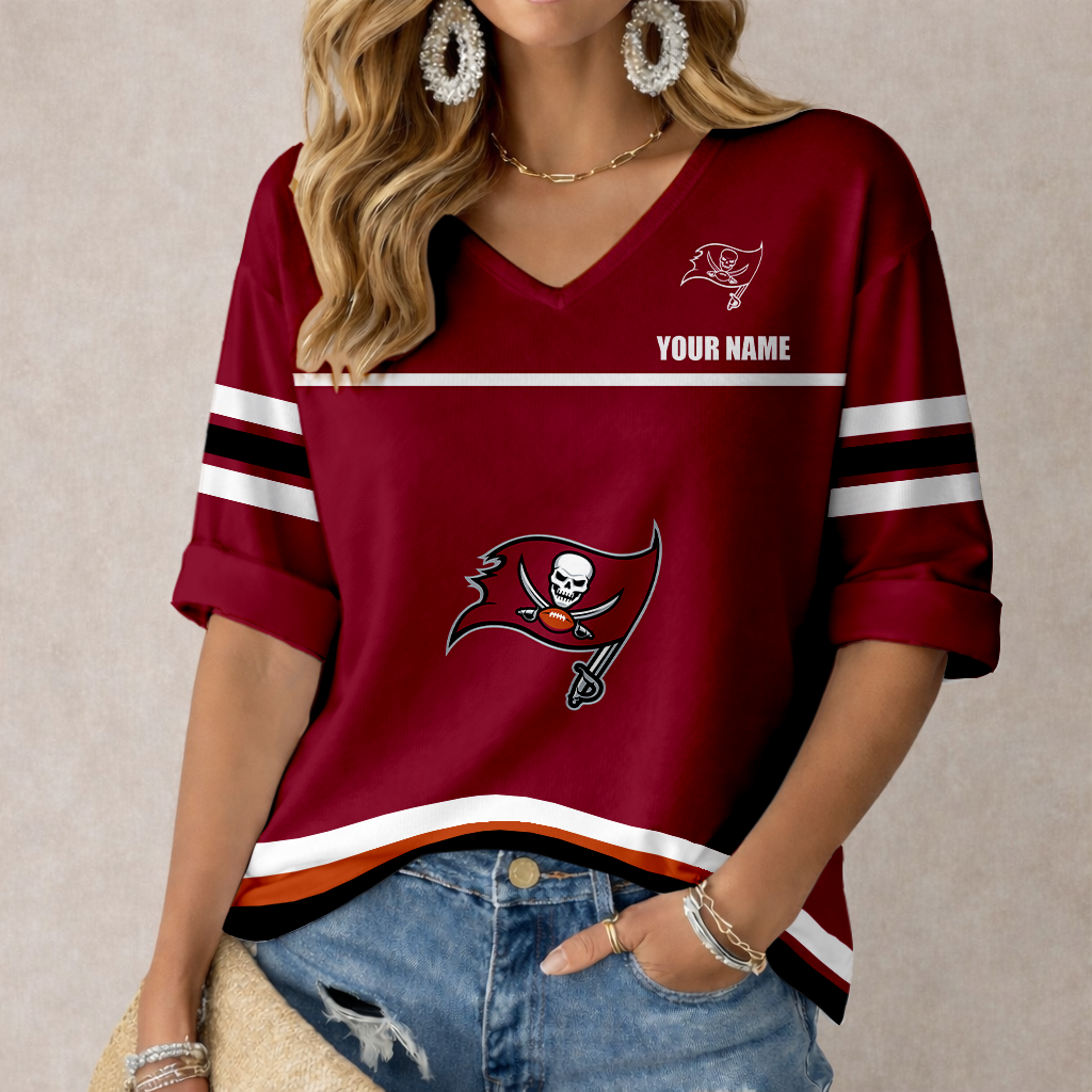 LIMITED EDITION - NEW CUSTOMIZED NFL10 TBB TAMPA BAY BUCCANEERS WOMEN'S V-NECK MID-SLEEVE SHIRT