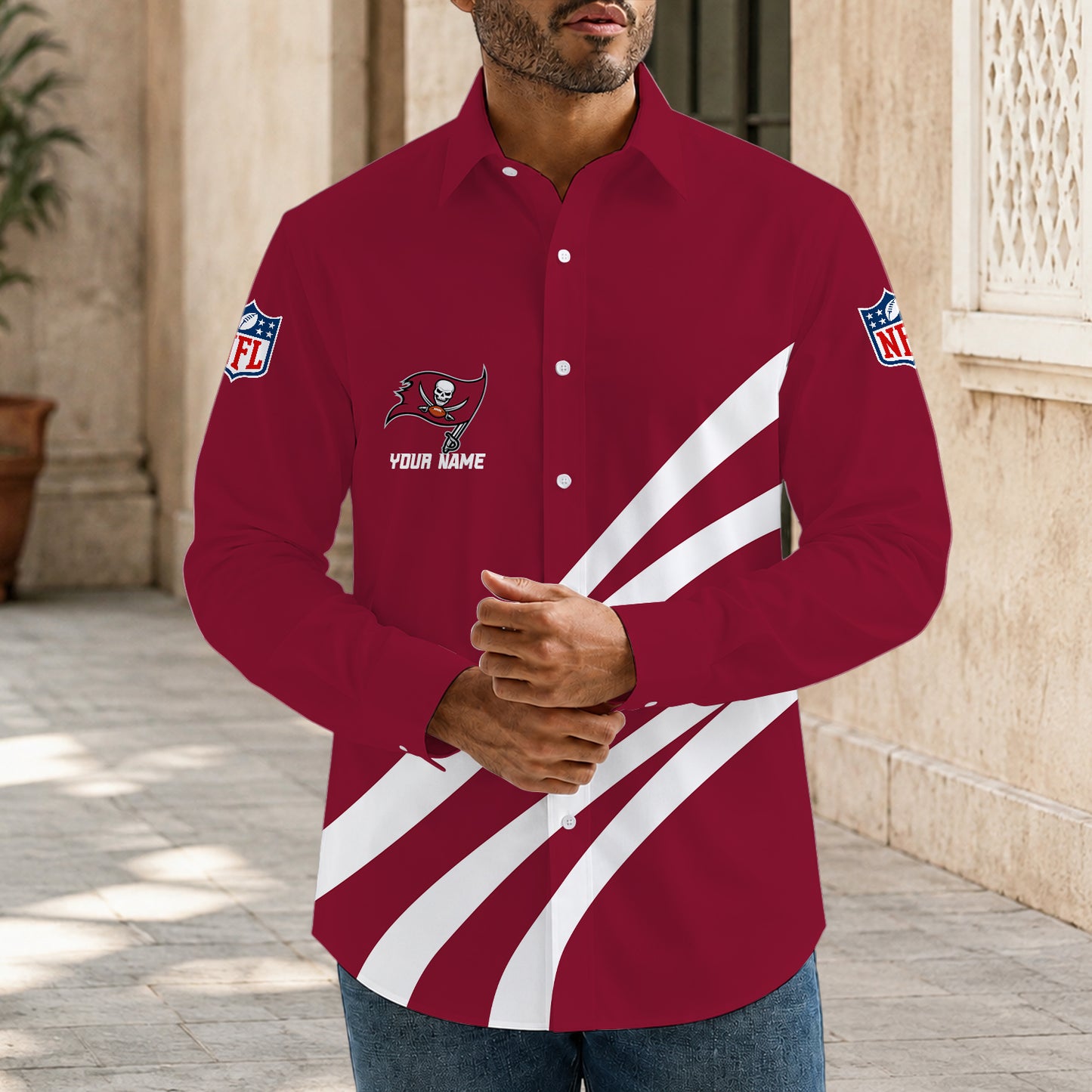 [SPECIAL OFFER] NEW CUSTOMIZED NFL10 TBB TAMPA BAY BUCCANEERS MEN'S LONG SLEEVE BUTTON-UP SHIRT