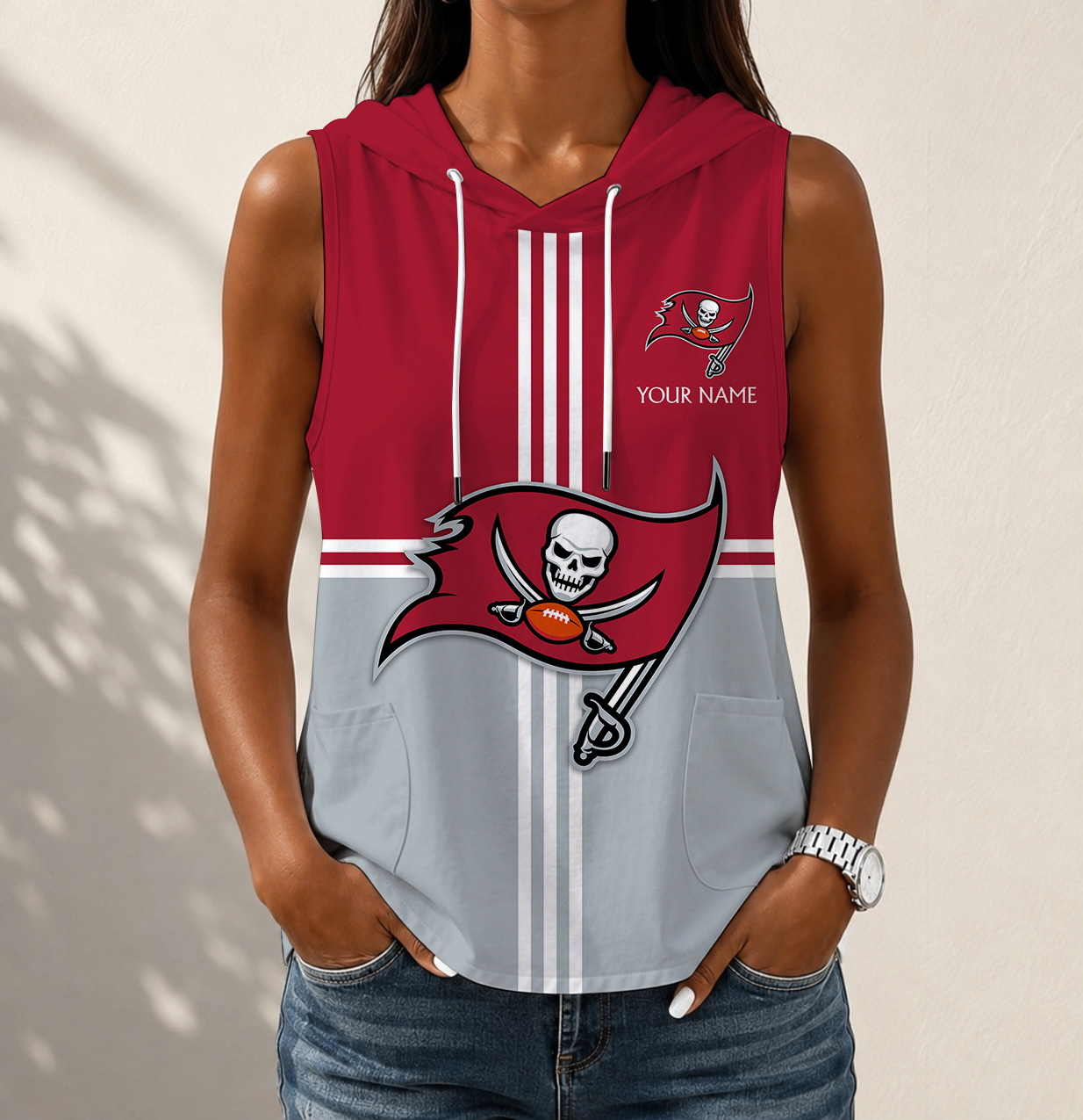 LIMITED EDITION - NEW CUSTOMIZED NFL10 TBB TAMPA BAY BUCCANEERS WOMEN'S SLEEVELESS HOODED POCKET TANK TOP
