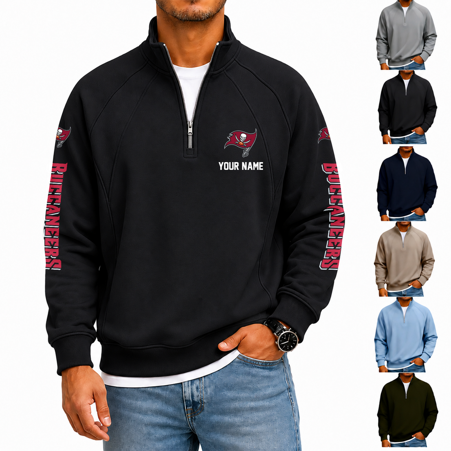 [SPECIAL OFFER] NEW CUSTOMIZED NFL10 TBB TAMPA BAY BUCCANEERS MEN'S QUARTER ZIP PULLOVER