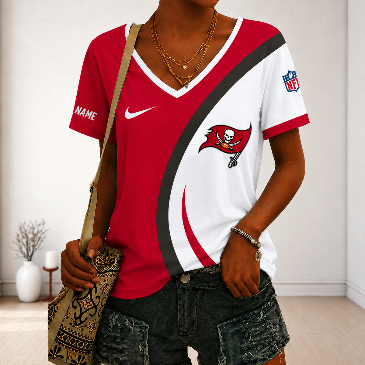 LIMITED EDITION - NEW CUSTOMIZED NFL10 TBB TAMPA BAY BUCCANEERS V-NECK FEMALE SHIRT