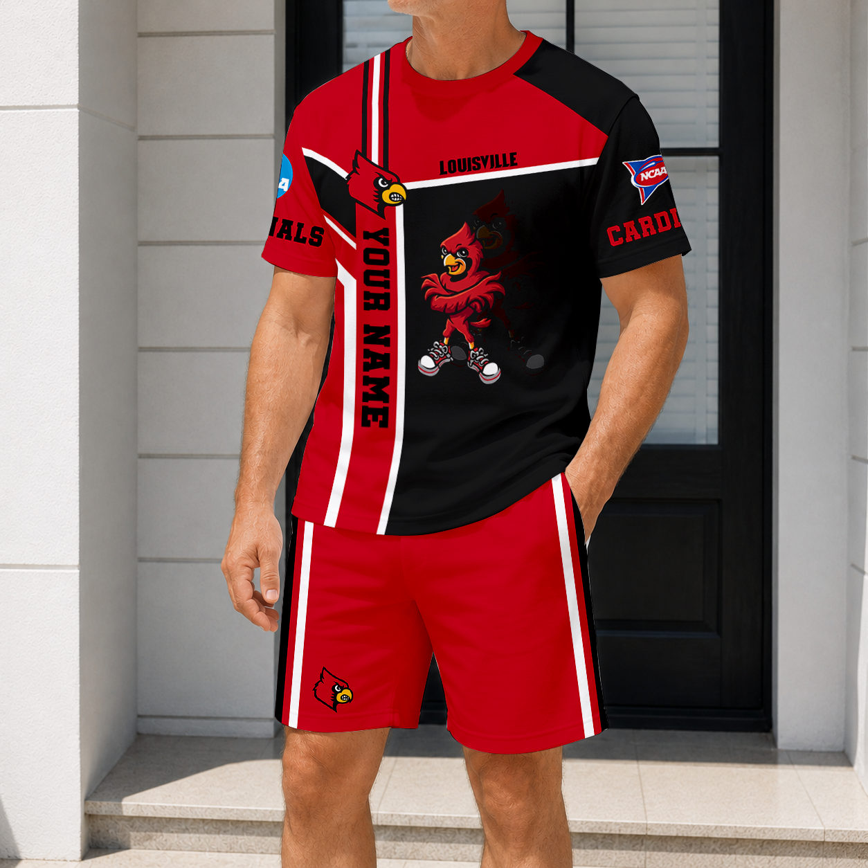 ELITE EDITION - NEW CUSTOMIZED NCAA FBS10 ULC LOUISVILLE CARDINALS T-SHIRT & SHORT PANTS SET