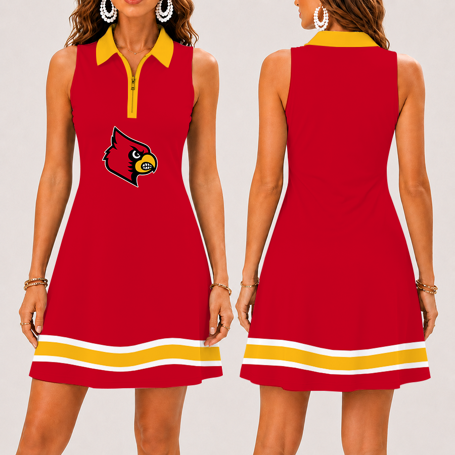 [FAN FAVORITE] NEW CUSTOMIZED NCAA FBS10 ULC LOUISVILLE CARDINALS WOMEN'S ZIP SLEEVELESS POLO DRESS