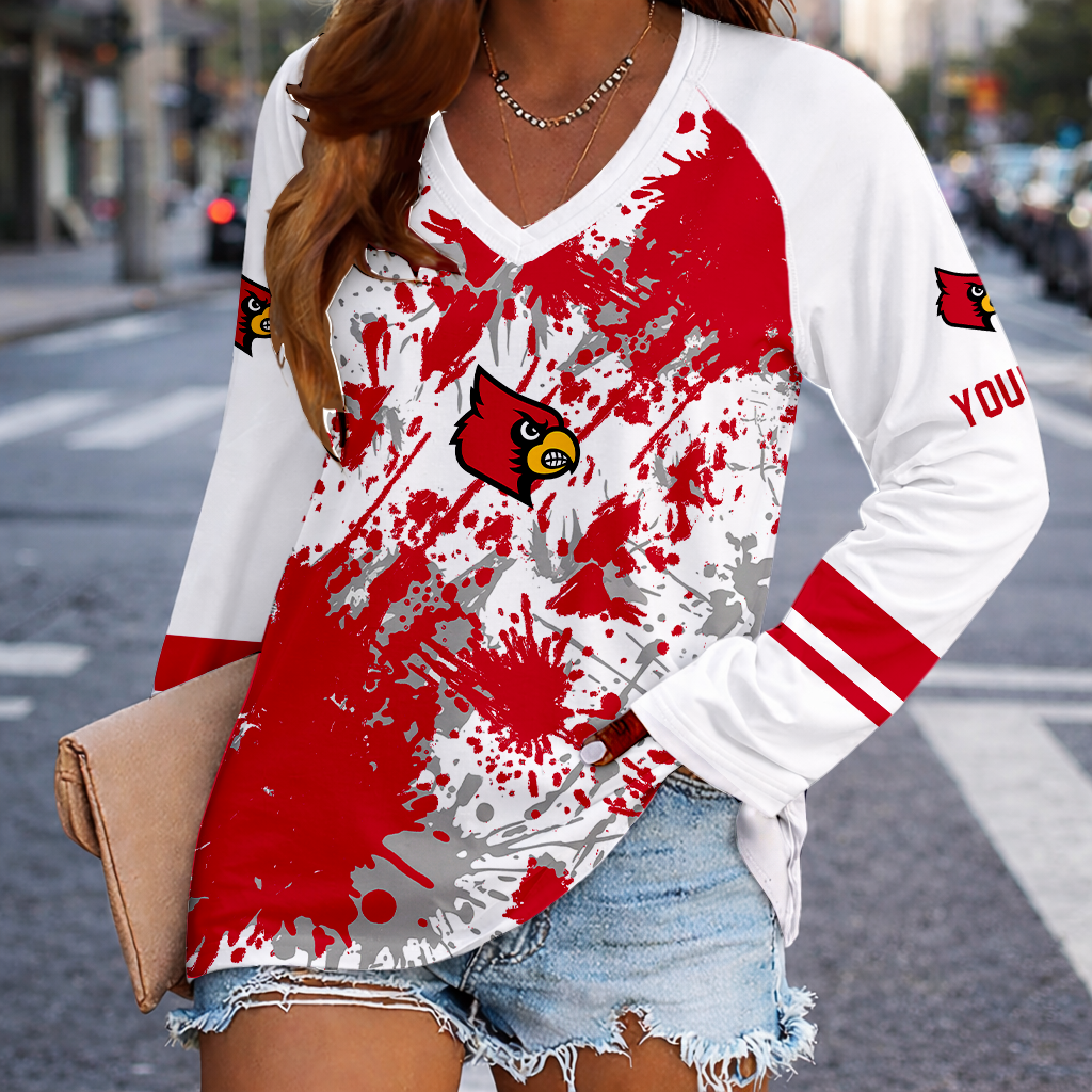[FAN FAVORITE] NEW CUSTOMIZED NCAA FBS10 ULC LOUISVILLE CARDINALS WOMEN'S V-NECK LONG SLEEVED SHIRT