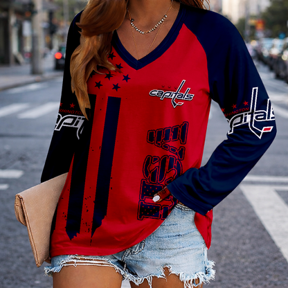 LIMITED EDITION - NEW CUSTOMIZED NHL10 WCP WASHINGTON CAPITALS WOMEN'S V-NECK LONG SLEEVED SHIRT