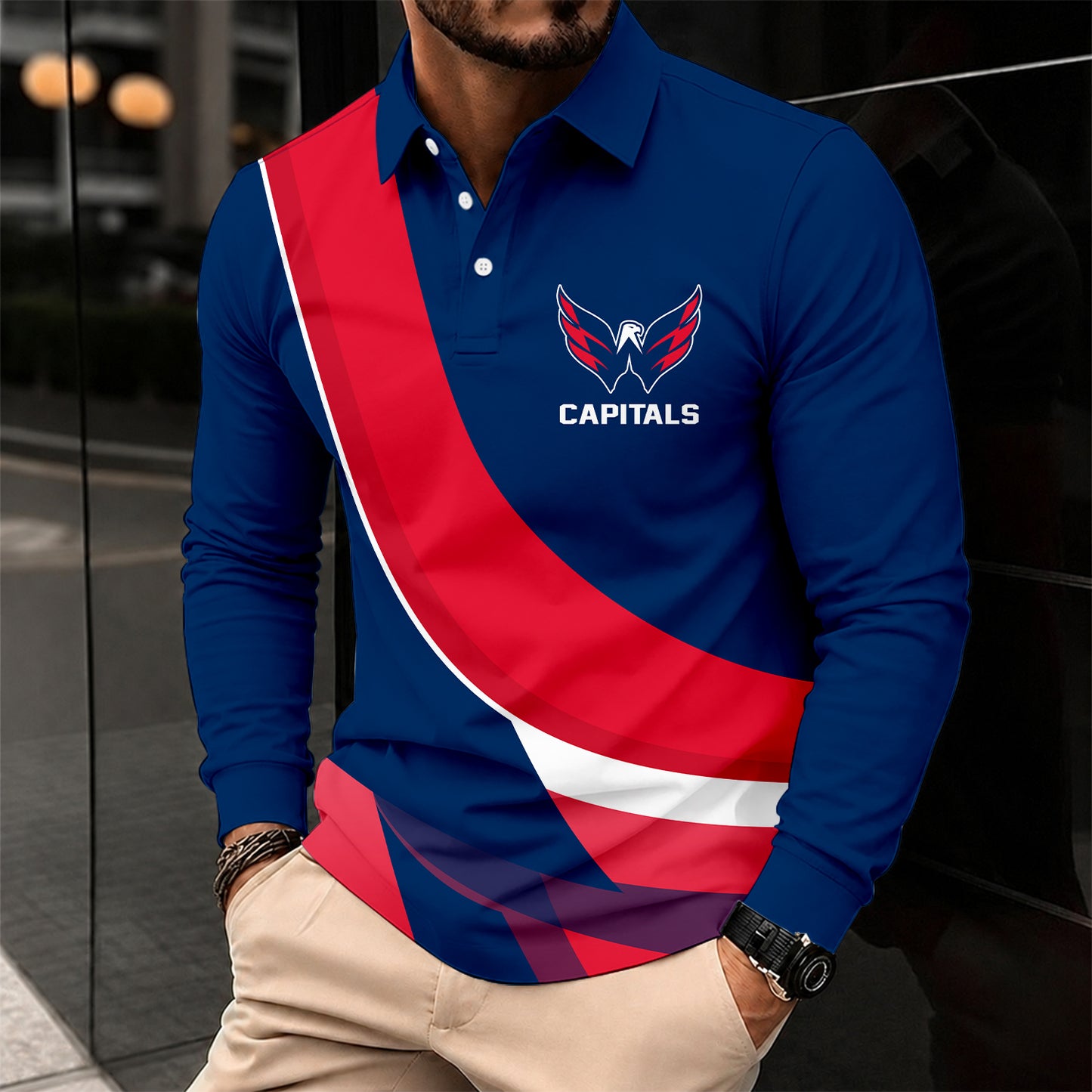 [SUPER SALE] NEW CUSTOMIZED NHL10 WCP WASHINGTON CAPITALS MEN LONG SLEEVE POLO