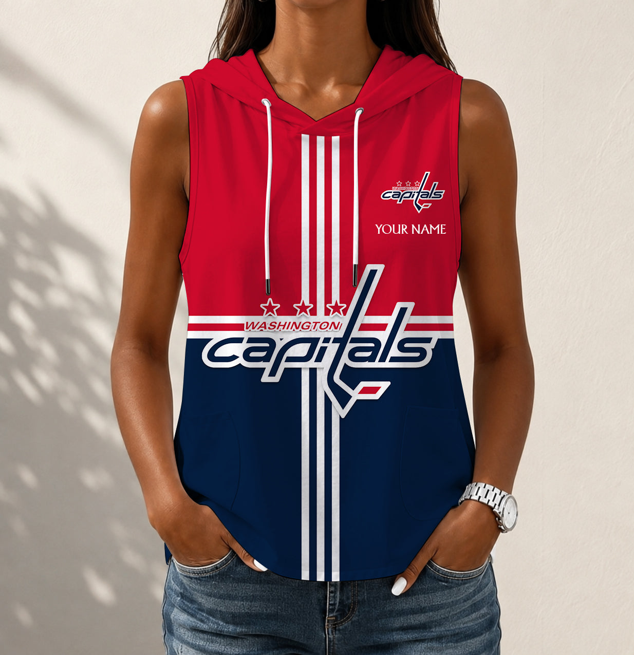 VIRAL EDITION - NEW CUSTOMIZED NHL10 WCP WASHINGTON CAPITALS WOMEN'S SLEEVELESS HOODED POCKET TANK TOP