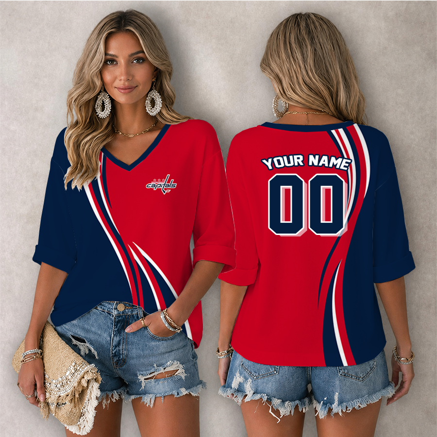LIMITED EDITION - NEW CUSTOMIZED NHL10 WCP WASHINGTON CAPITALS WOMEN'S HEART V-NECK LONG SLEEVE SHIRT