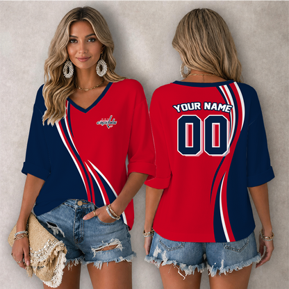 LIMITED EDITION - NEW CUSTOMIZED NHL10 WCP WASHINGTON CAPITALS WOMEN'S HEART V-NECK LONG SLEEVE SHIRT