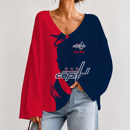 [SUPER SALE] NEW CUSTOMIZED NHL10 WCP WASHINGTON CAPITALS V-NECK LONG SLEEVED CROP TOP
