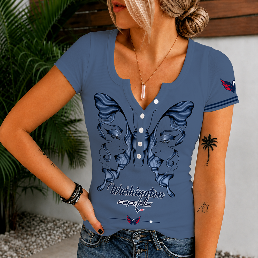 [SUPER SALE] NEW CUSTOMIZED NHL10 WCP WASHINGTON CAPITALS WOMEN'S SHORT SLEEVE HENLEY T-SHIRT