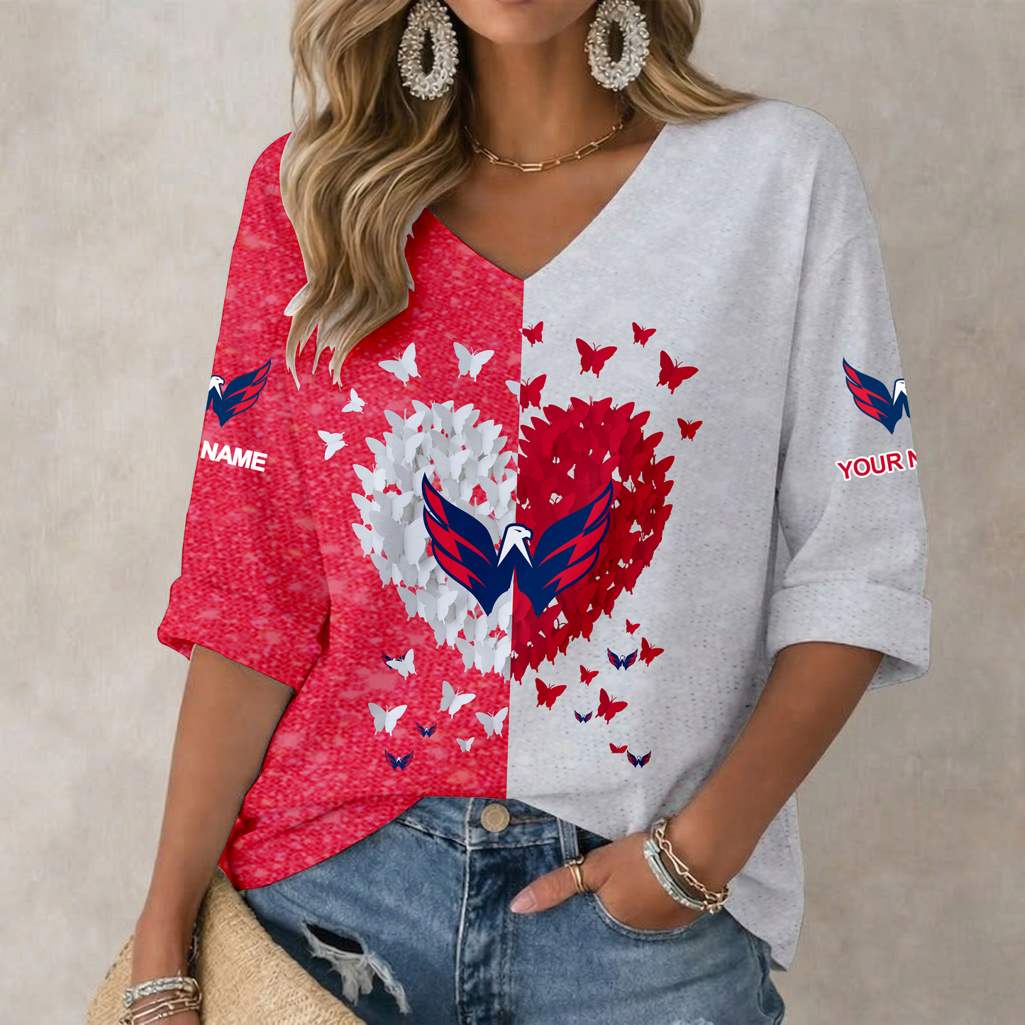 LIMITED EDITION - NEW CUSTOMIZED NHL10 WCP WASHINGTON CAPITALS WOMEN'S HEART V-NECK LONG SLEEVE SHIRT