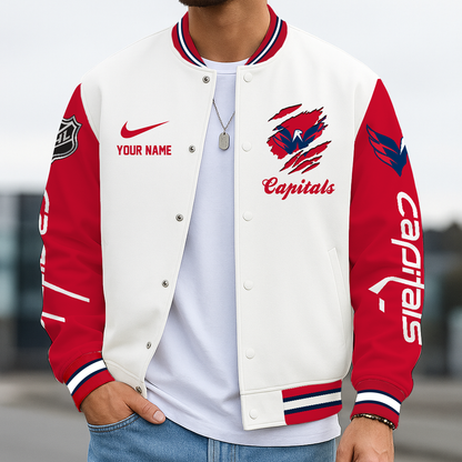 LIMITED EDITION - NEW CUSTOMIZED NHL10 WCP WASHINGTON CAPITALS BASEBALL JACKET, SATIN VARSITY JACKET