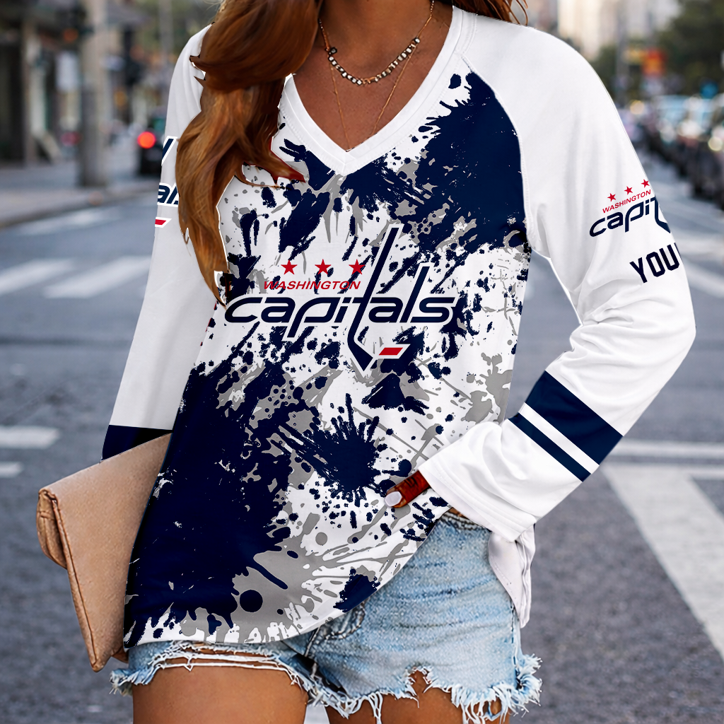 [SUPER SALE] NEW CUSTOMIZED NHL10 WCP WASHINGTON CAPITALS WOMEN'S V-NECK LONG SLEEVED SHIRT