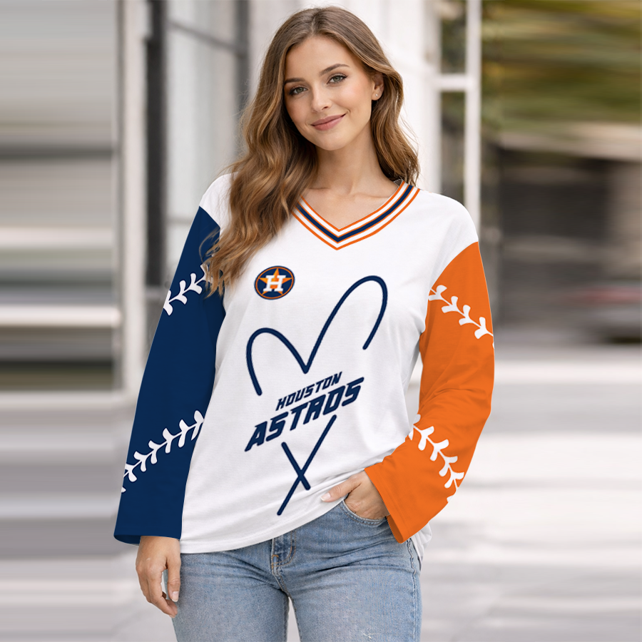 LIMITED EDITION - NEW CUSTOMIZED MLB10 HAS HOUSTON ASTROS WOMEN'S HEART V-NECK LONG SLEEVE SHIRT