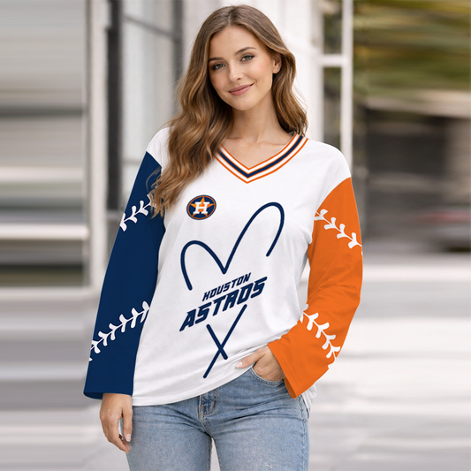 LIMITED EDITION - NEW CUSTOMIZED MLB10 HAS HOUSTON ASTROS WOMEN'S HEART V-NECK LONG SLEEVE SHIRT