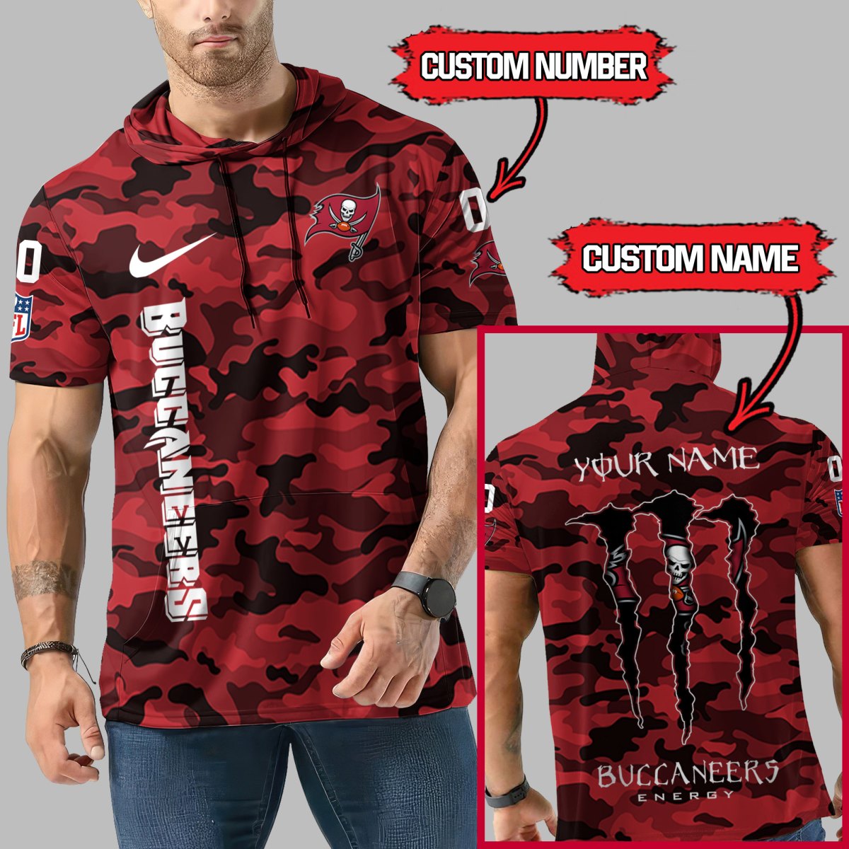 LIMITED EDITION - NEW CUSTOMIZED NFL10 TBB TAMPA BAY BUCCANEERS SHORT SLEEVE HOODIE