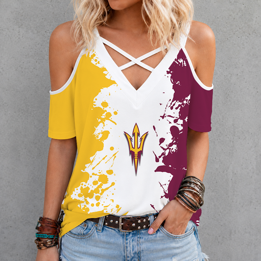 [FAN FAVORITE] NEW CUSTOMIZED NCAA MFF11 ASS ARIZONA STATE SUN DEVILS CRISS CROSS V-NECK TOP