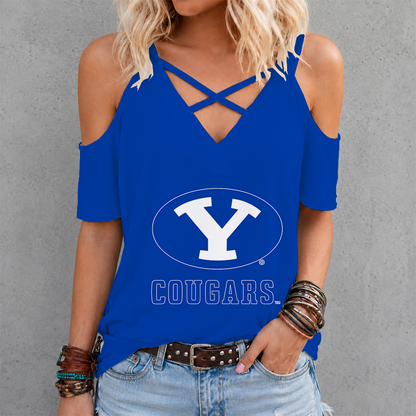 [FAN FAVORITE] NEW CUSTOMIZED NCAA FBS11 BYU BYU COUGARS CRISS CROSS V-NECK TOP