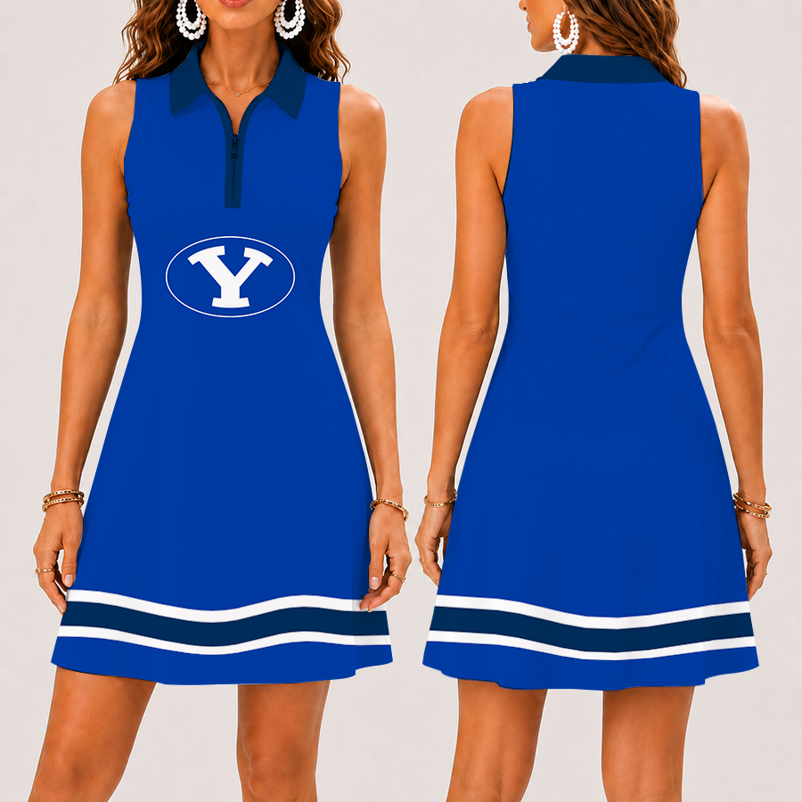 [FAN FAVORITE] NEW CUSTOMIZED NCAA FBS11 BYU BYU COUGARS WOMEN'S ZIP SLEEVELESS POLO DRESS